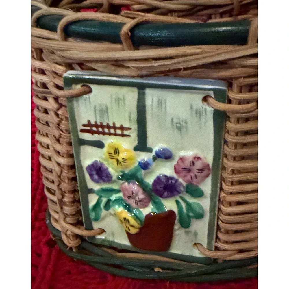 Vintage Wicker Wall Hanging Basket 3D Ceramic Cat and Floral Tiles Cottagecore